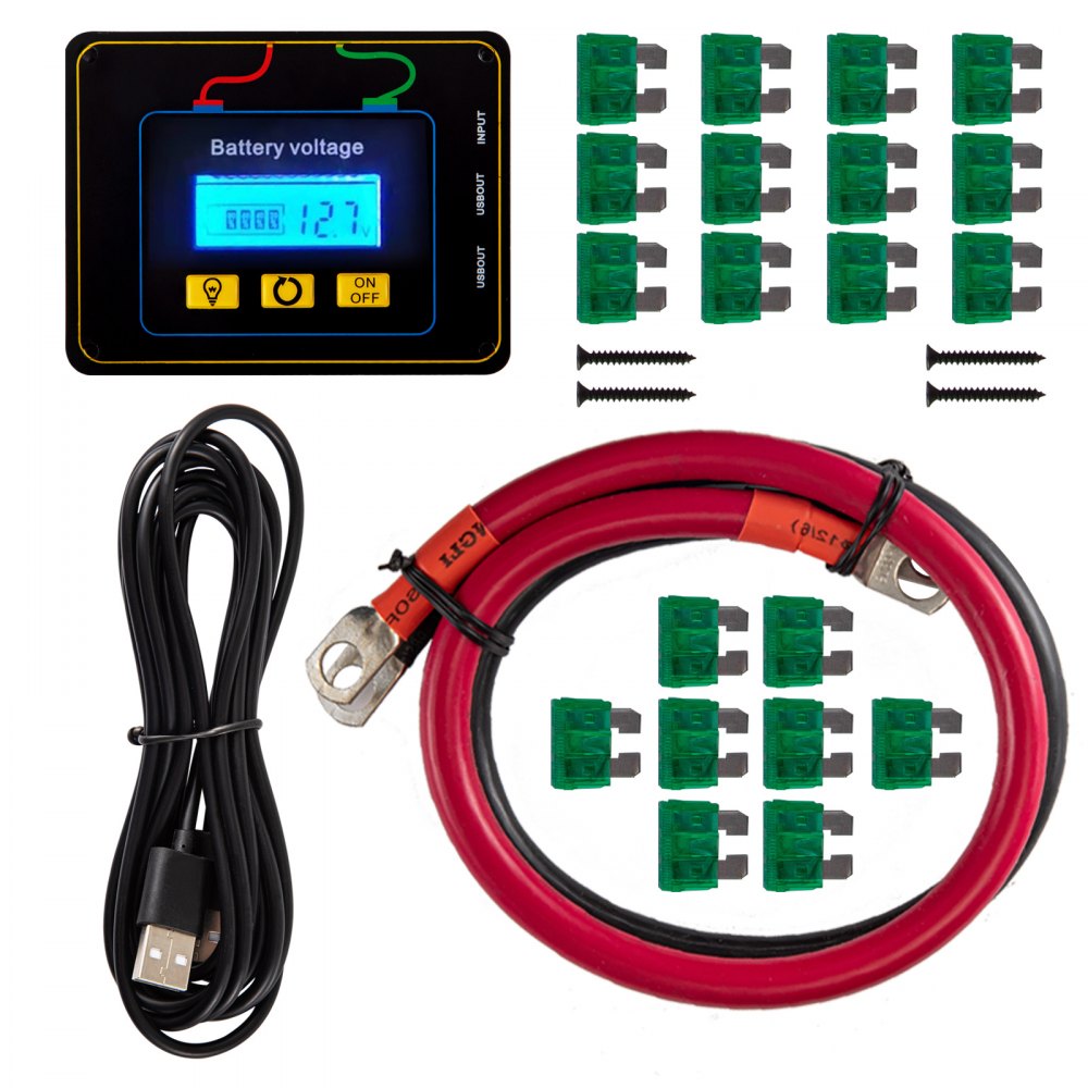 Componentes del inversor de corriente VEVOR: panel de control, cable USB, juego de fusibles y cable de batería.