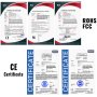 Inversor de corriente VEVOR con certificados CE, ROHS y FCC mostrados en una cuadrícula.