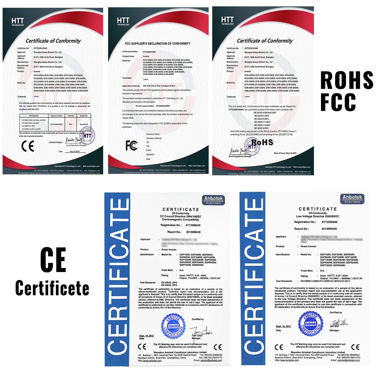 Inversor de corriente VEVOR con certificados CE, ROHS y FCC mostrados en una cuadrícula.