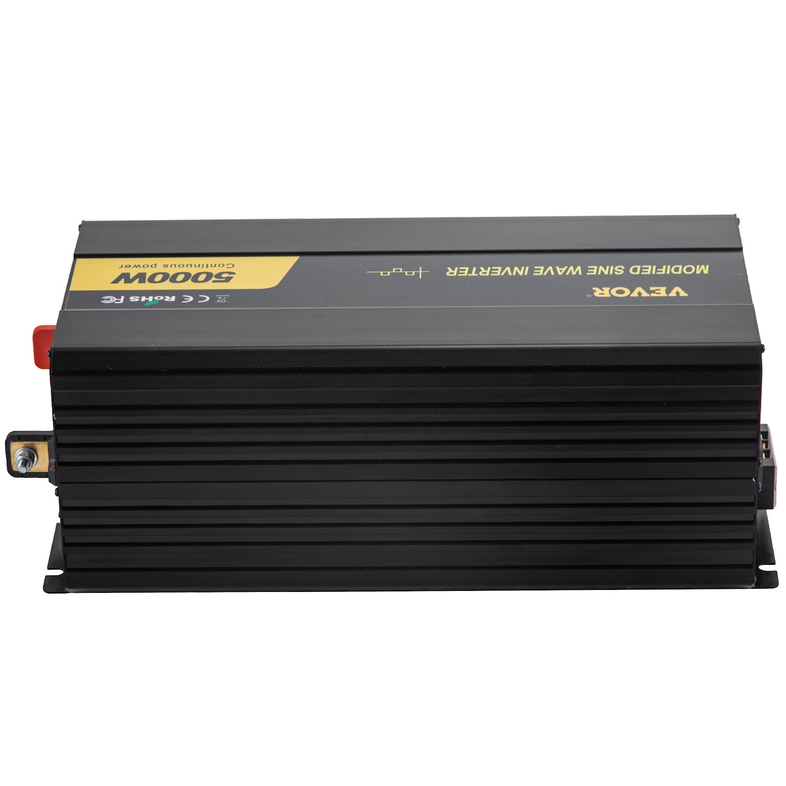 Inversor de corriente VEVOR negro de 5000 W con marca amarilla en la parte superior.