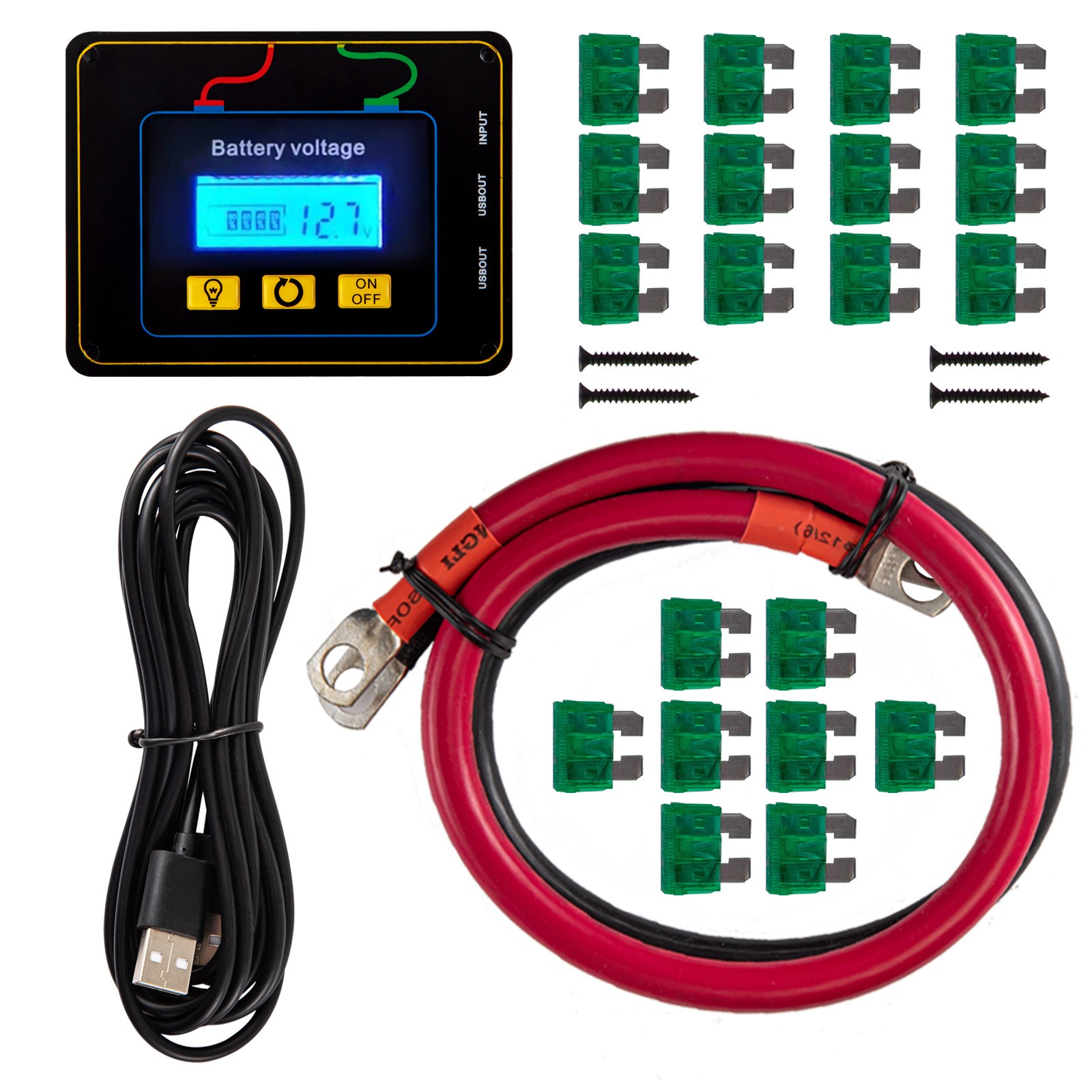 Componentes del inversor de corriente VEVOR: panel de control, cable USB, juego de fusibles y cable de batería.