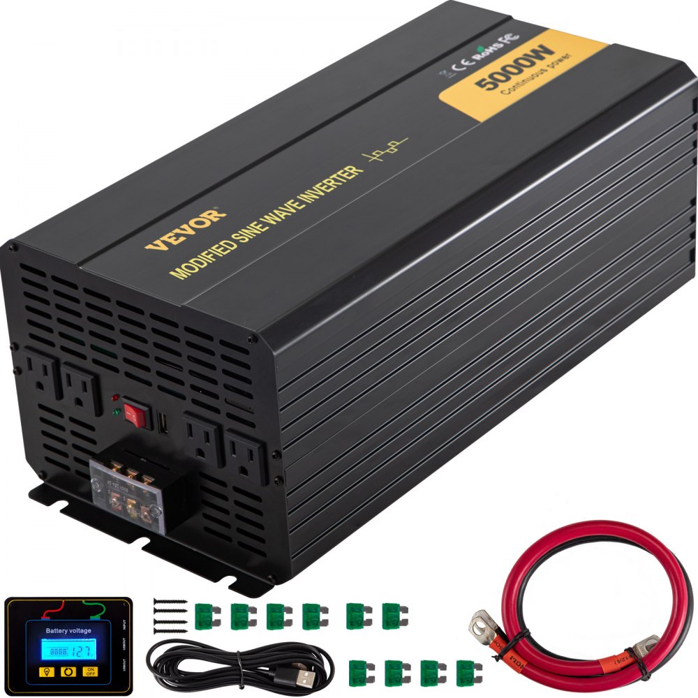 Inversor de corriente VEVOR 5000w con accesorios, enchufes, cables y pantalla lcd.