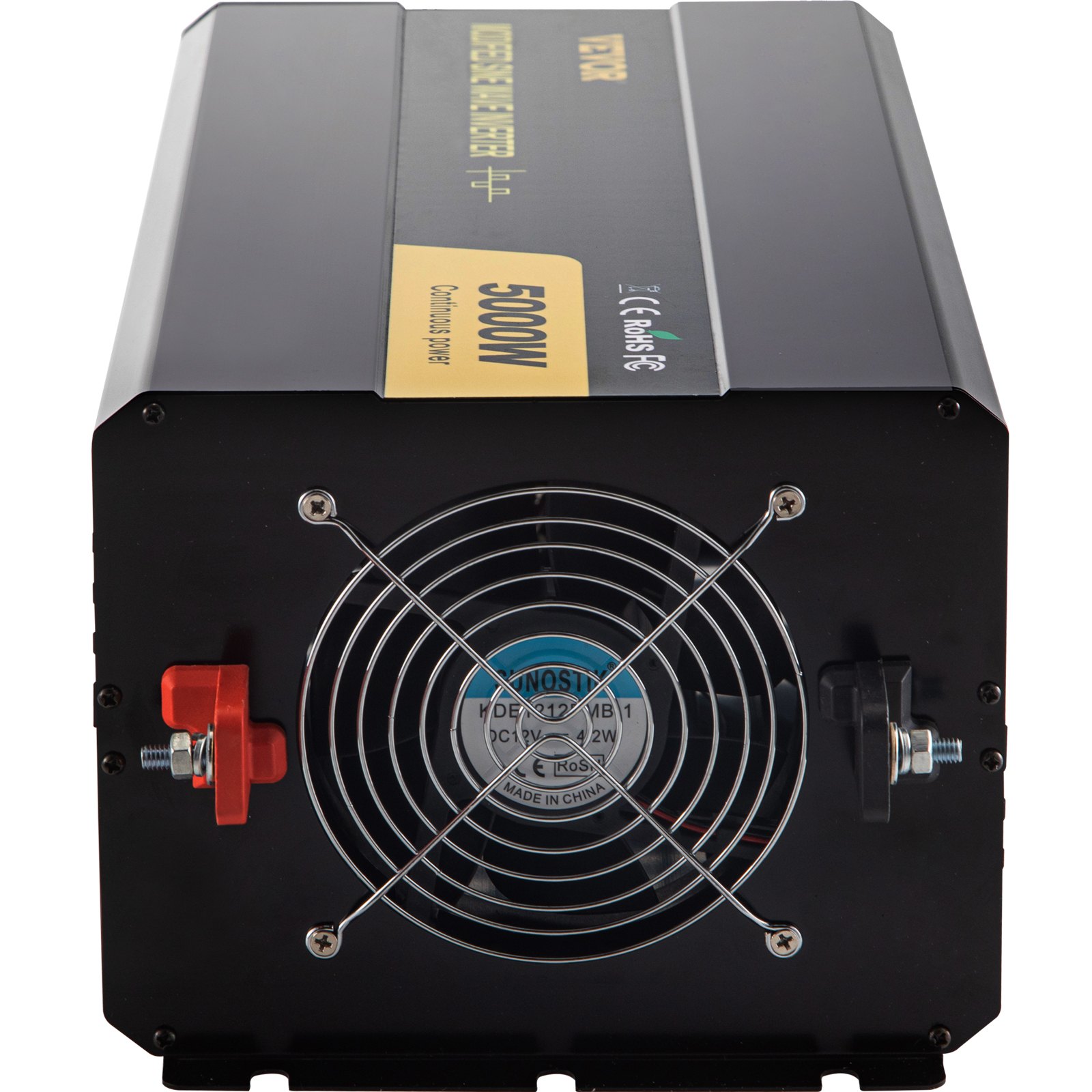 Inversor de corriente VEVOR 5000w con ventilador de refrigeración y terminales de conexión.