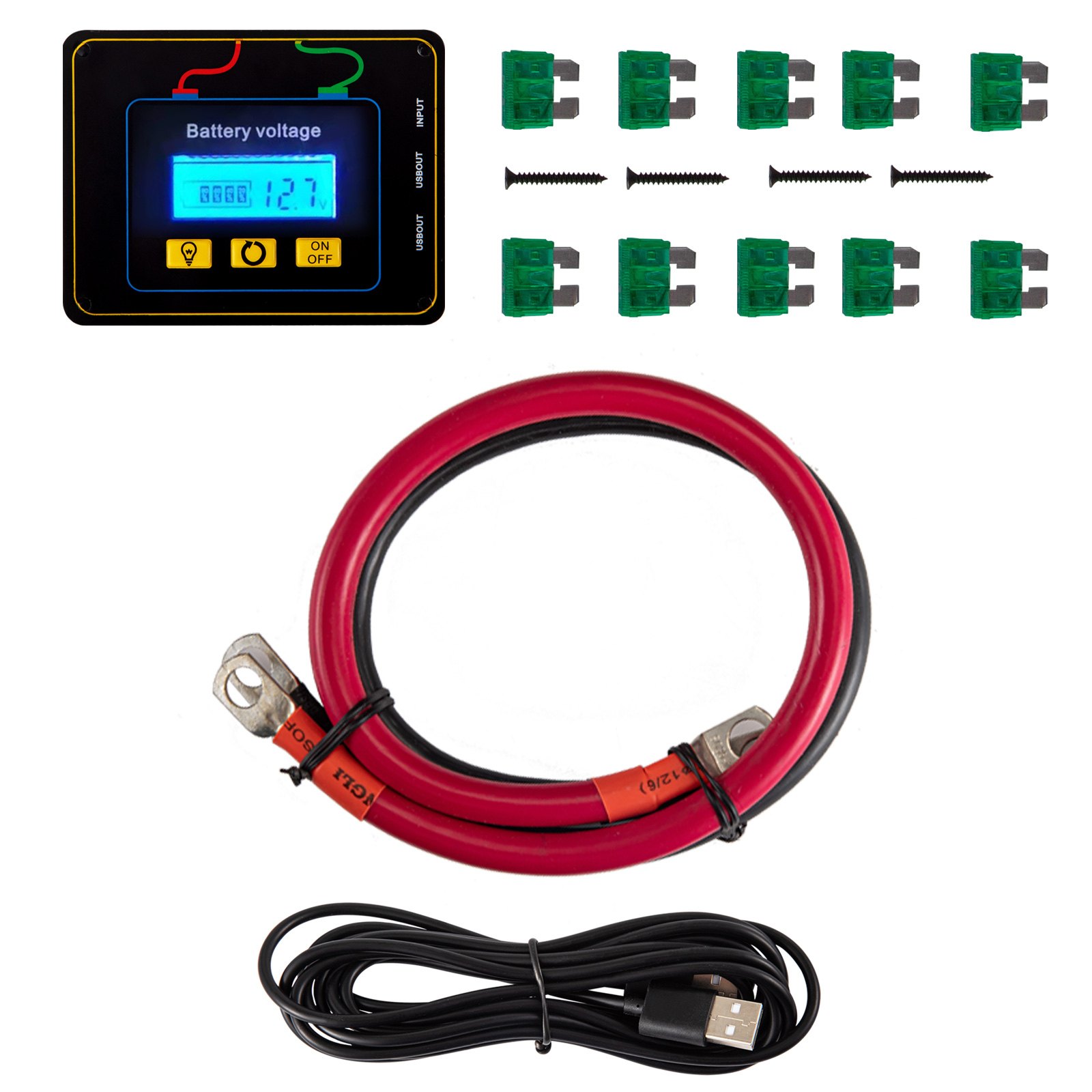 Componentes del inversor de corriente VEVOR: cables, pantalla de voltaje de batería, fusibles y tornillos.
