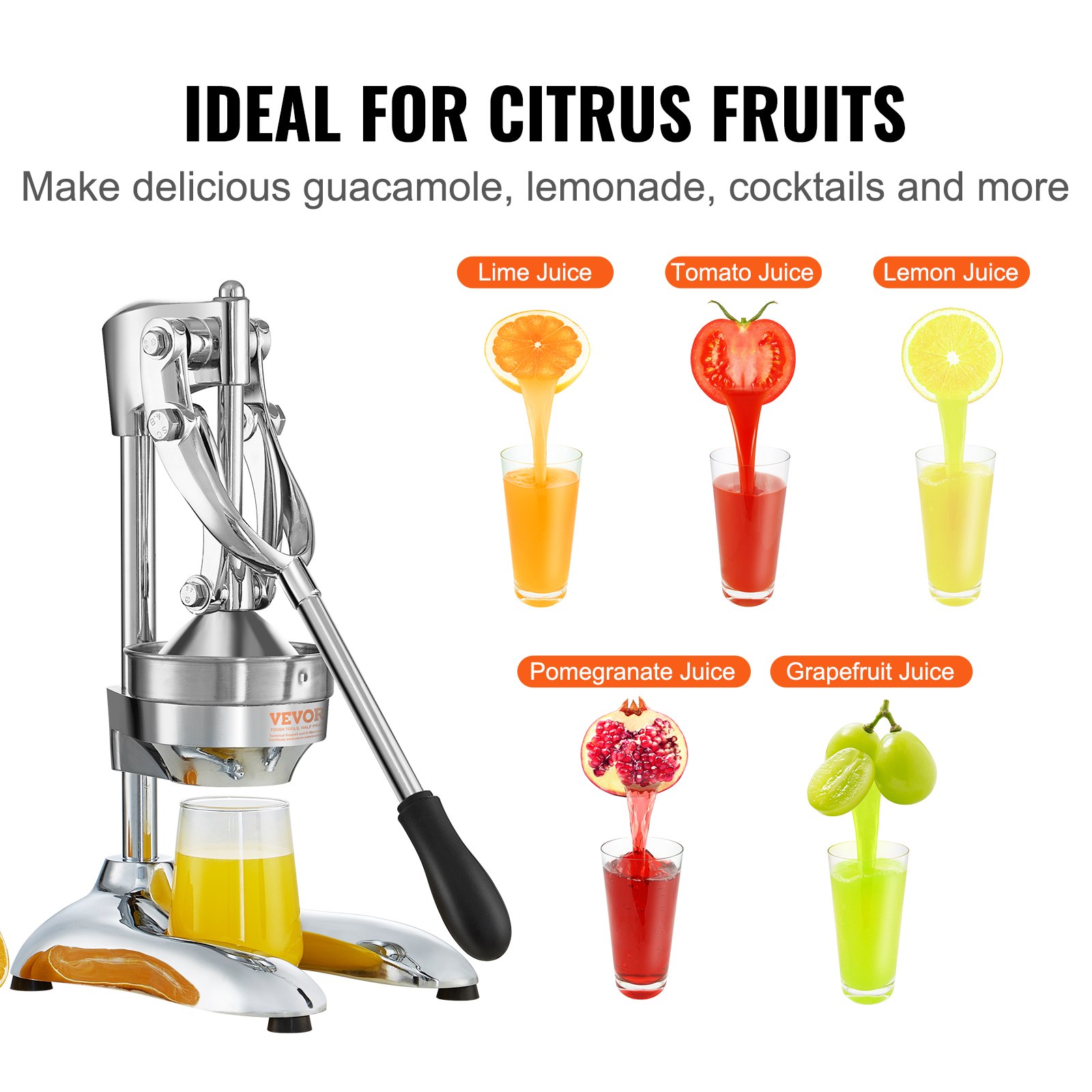 Exprimidor de cítricos VEVOR, exprimidor manual de naranjas, exprimidor de cítricos de grado comercial, exprimidor de frutas fácil de limpiar para jugo de limón, granada y naranja.