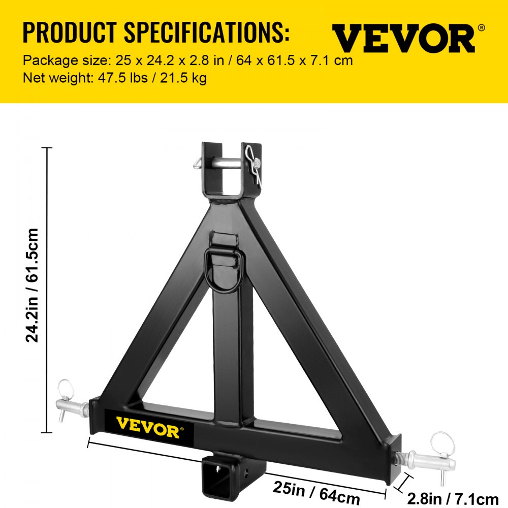 Enganche de remolque de 3 puntos VEVOR, enganche receptor de 2 pulgadas, categoría 1, accesorios de enganche de 33 pulgadas, adaptador de barra de tiro de enganche de remolque, negro (enganche de remolque de servicio pesado)