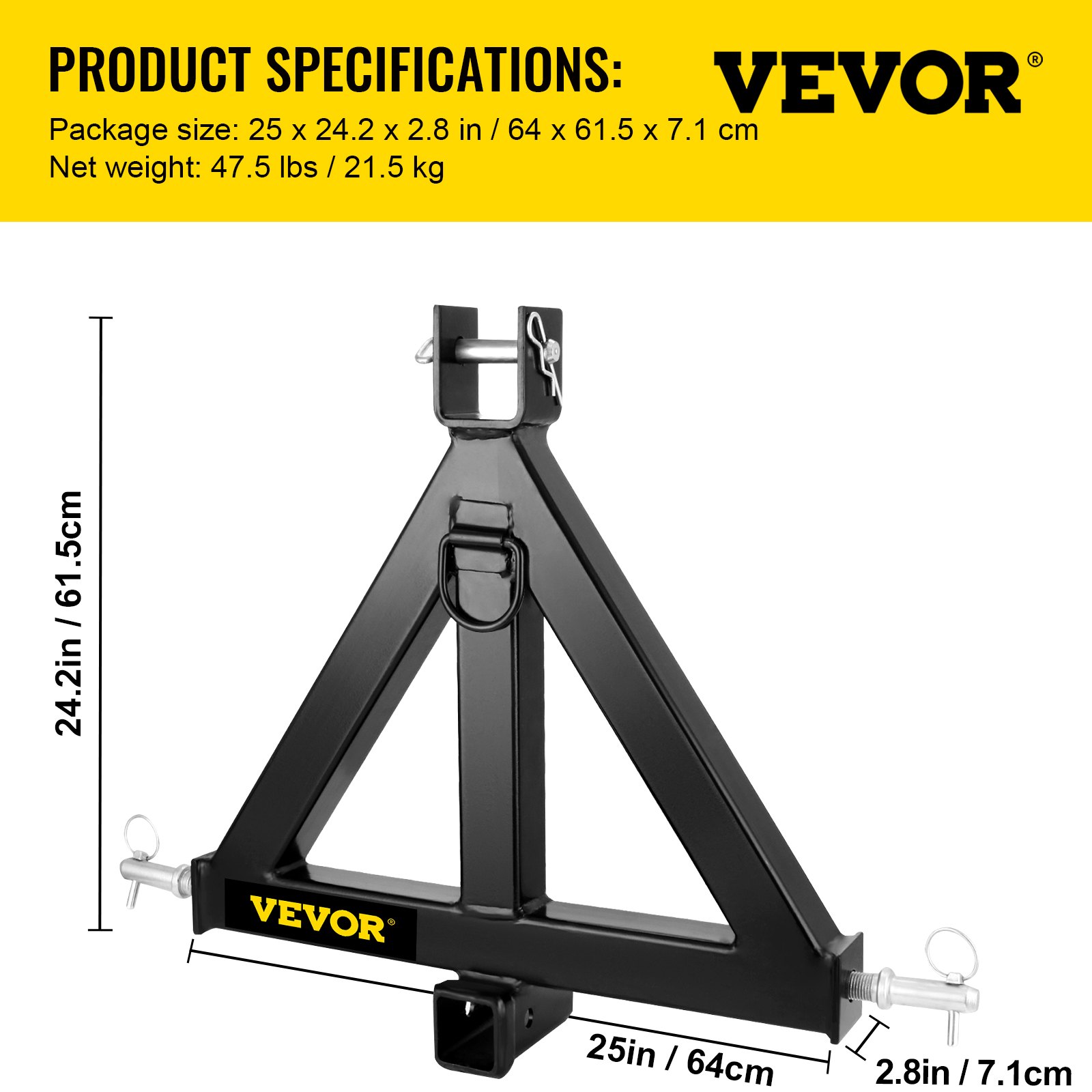 Enganche de remolque de 3 puntos VEVOR, enganche receptor de 2 pulgadas, categoría 1, accesorios de enganche de 33 pulgadas, adaptador de barra de tiro de enganche de remolque, negro (enganche de remolque de servicio pesado)