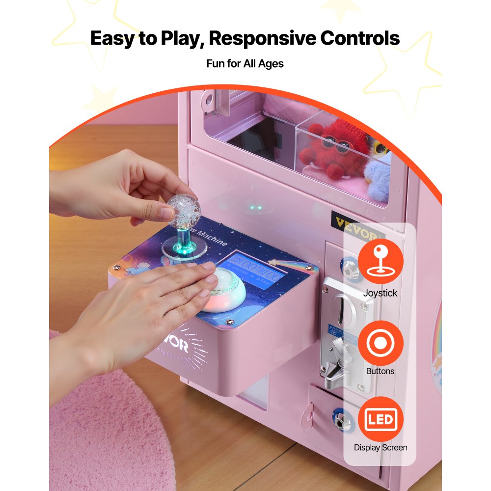 VEVOR Claw Crane Machine, máquina arcade de tamaño mediano con luz y sonido, garras de acero ajustables, dispensador de premios con forma de agarrador de caramelos, juguete expendedor, para fiestas comerciales en casa, cine, color rosa