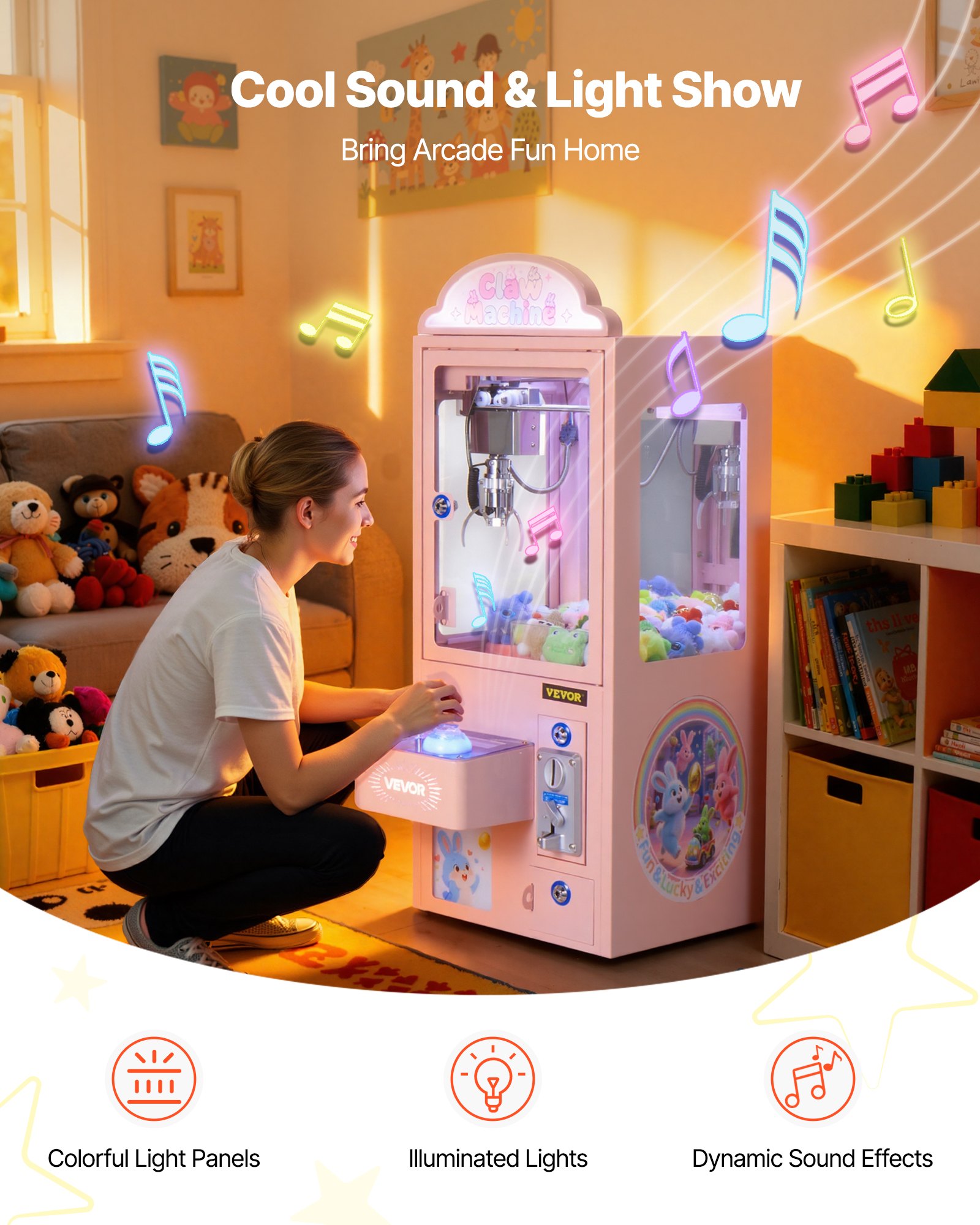 VEVOR Claw Crane Machine, máquina arcade de tamaño mediano con luz y sonido, garras de acero ajustables, dispensador de premios con forma de agarrador de caramelos, juguete expendedor, para fiestas comerciales en casa, cine, color rosa