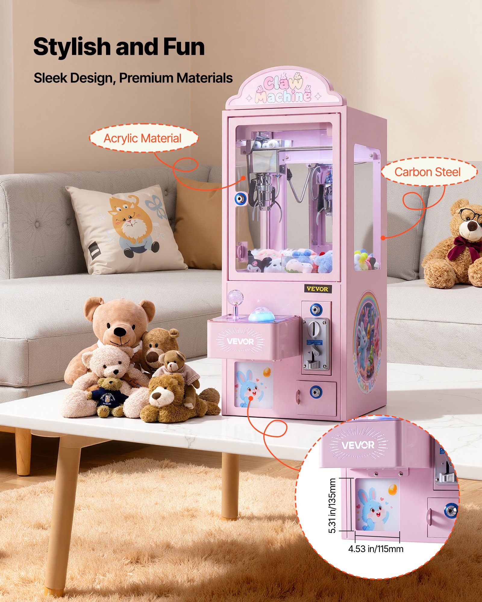 VEVOR Claw Crane Machine, máquina arcade de tamaño mediano con luz y sonido, garras de acero ajustables, dispensador de premios con forma de agarrador de caramelos, juguete expendedor, para fiestas comerciales en casa, cine, color rosa