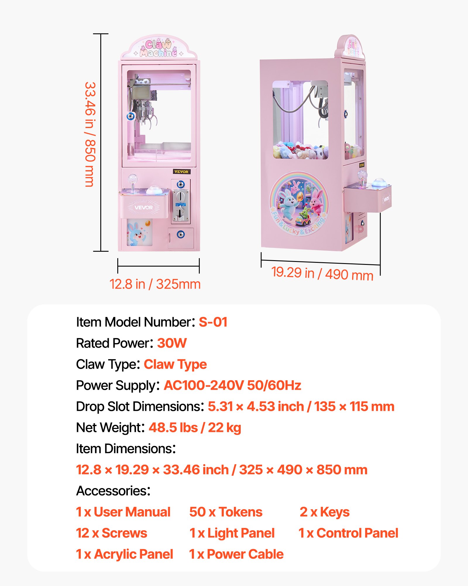 VEVOR Claw Crane Machine, máquina arcade de tamaño mediano con luz y sonido, garras de acero ajustables, dispensador de premios con forma de agarrador de caramelos, juguete expendedor, para fiestas comerciales en casa, cine, color rosa