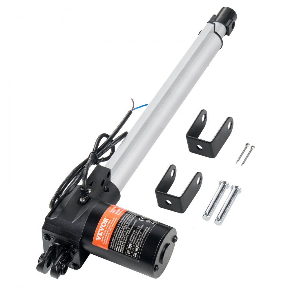 Actuador lineal VEVOR 12v con soportes de montaje y hardware en fondo blanco.