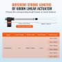 Diferentes longitudes de carrera para actuador lineal VEVOR 12v, incluye medidas y especificaciones.