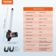Actuador lineal VEVOR de 12 V, actuador lineal resistente de 16 pulgadas, 1320 lb/6000 N, actuador de movimiento lineal de 0,19 pulgadas/s con soporte de montaje y protección IP44 para puerta eléctrica, maquinaria industrial, embarcaciones de carga
