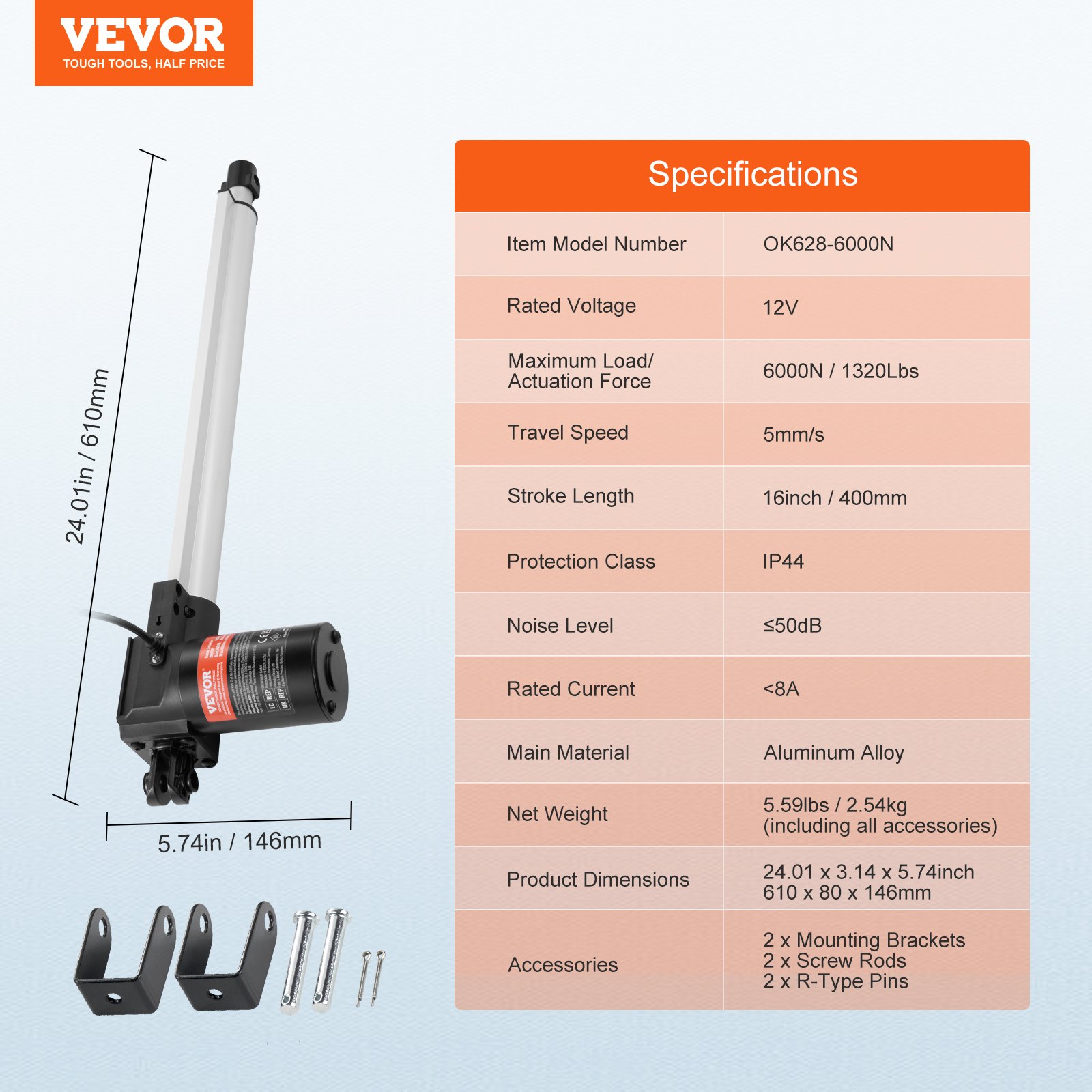 Actuador lineal VEVOR 12v con especificaciones: 6000n, carrera de 16 pulgadas, velocidad de 5 mm/s, ip44, &lt;50db, aleación de aluminio.