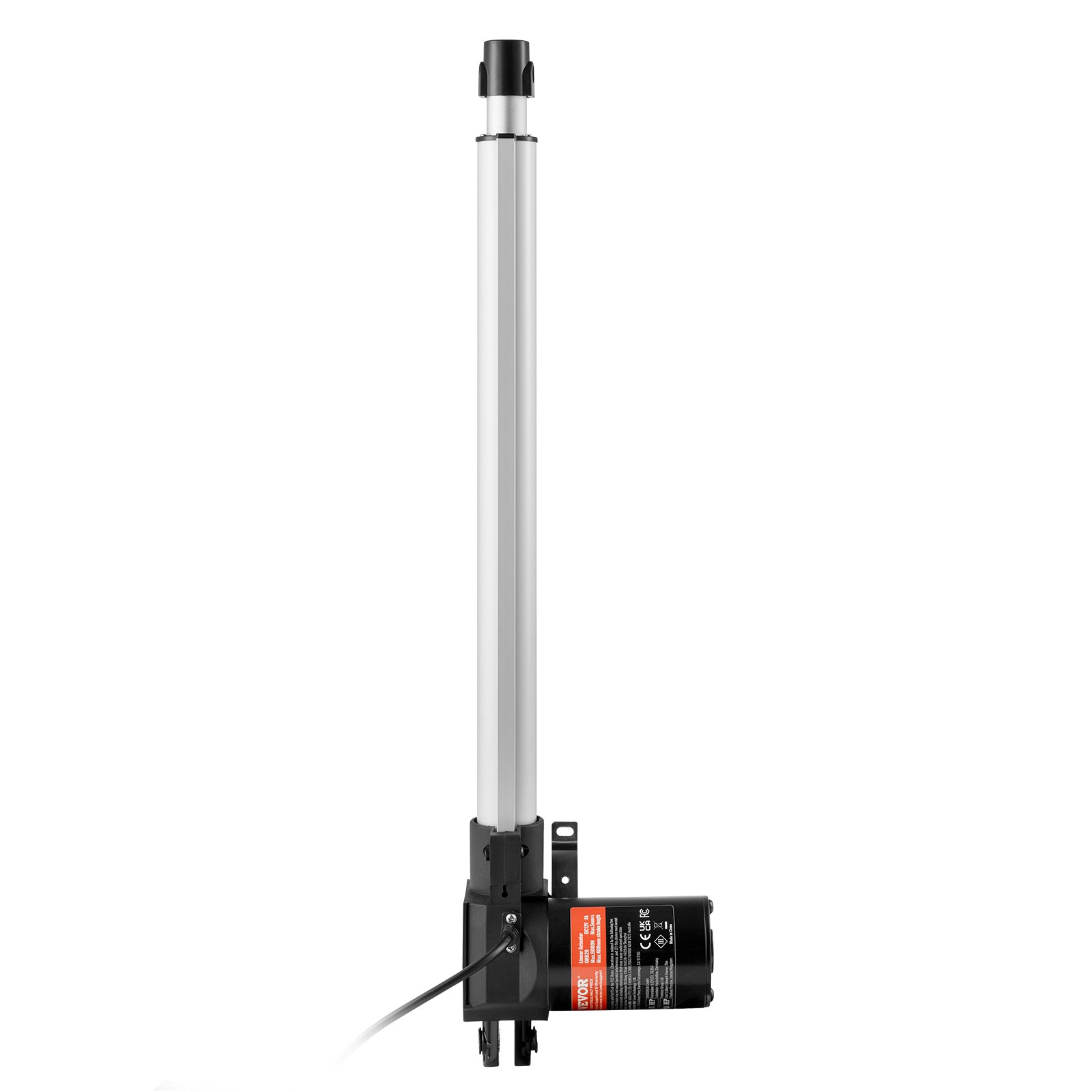 Actuador lineal VEVOR 12v con carcasa plateada y motor negro, ideal para proyectos de automatización.