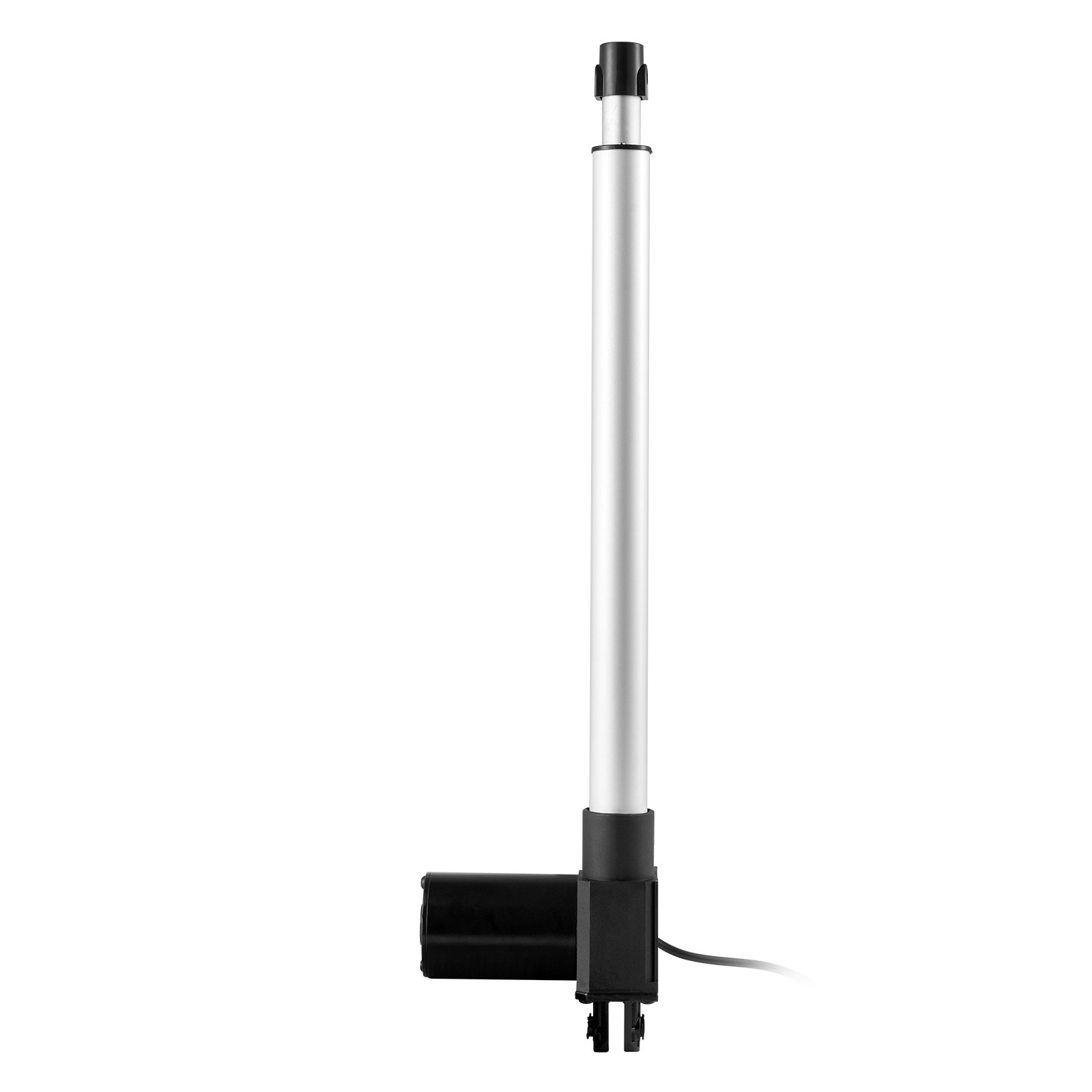 Actuador lineal VEVOR 12v con base negra y eje plateado sobre fondo blanco.