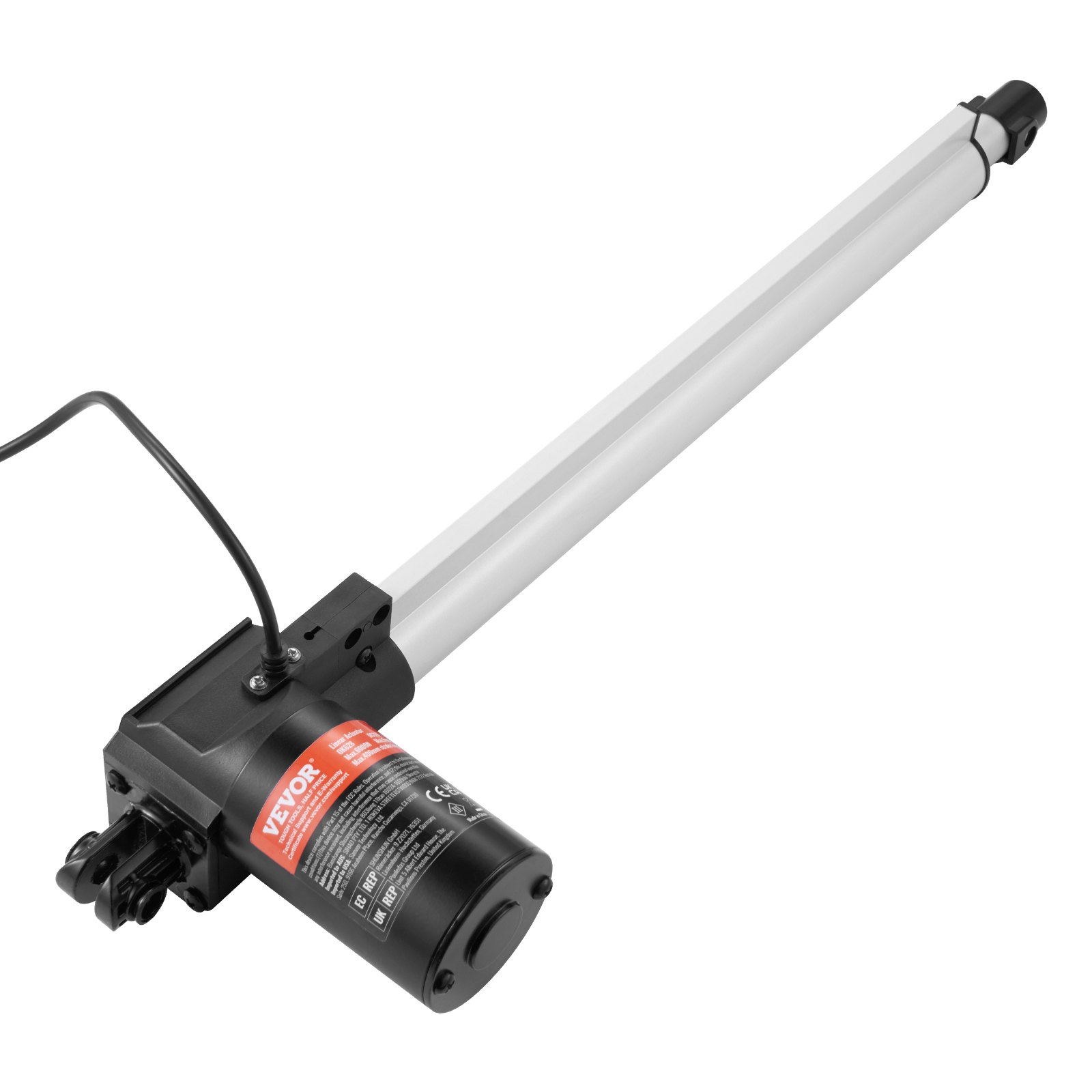 Actuador lineal VEVOR 12v con motor negro, etiqueta roja y varilla de extensión plateada.