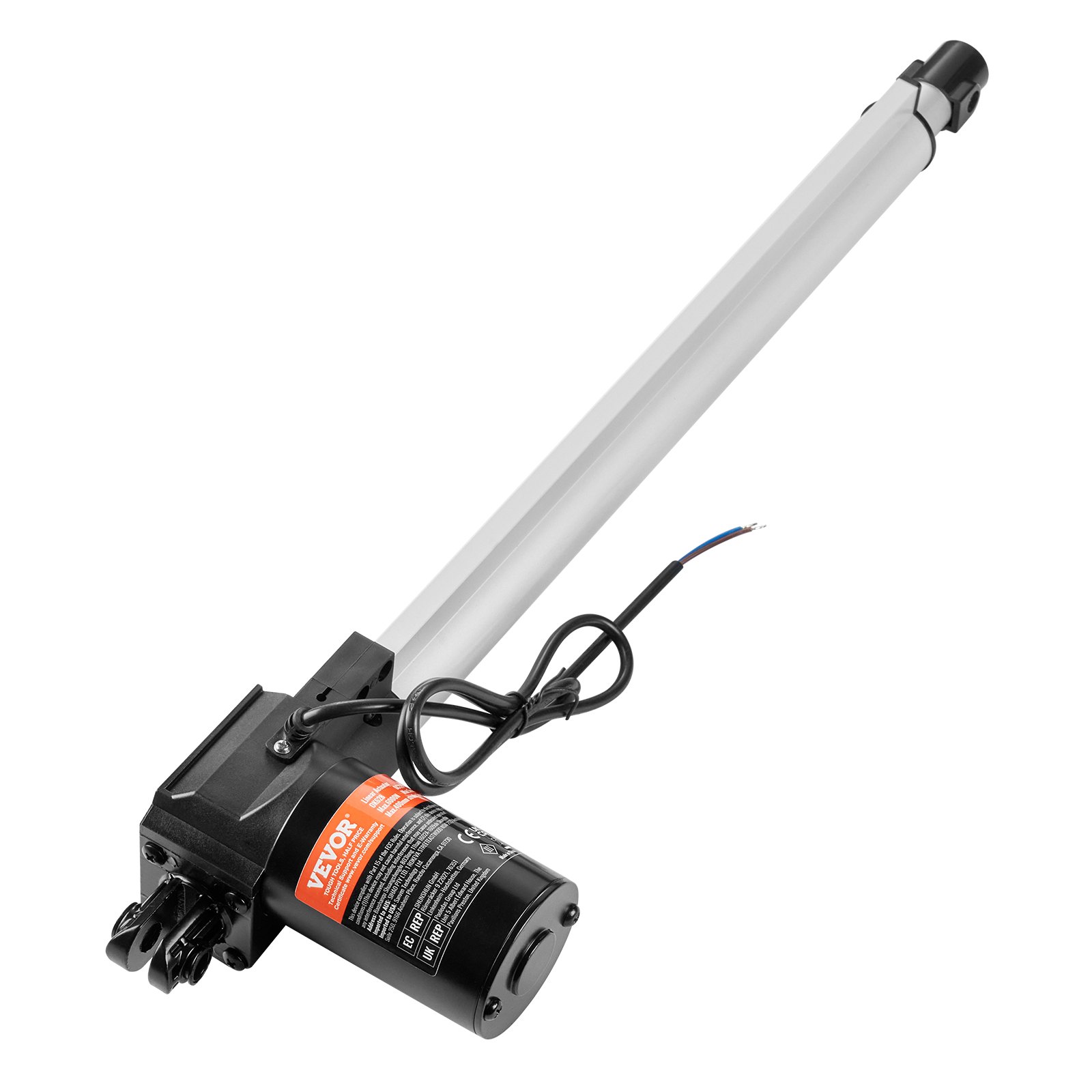 Actuador lineal VEVOR 12v con cableado adjunto y carcasa de motor negra.