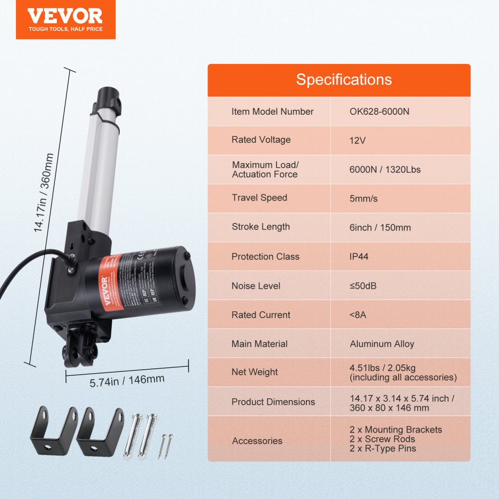 VEVOR Linear Actuator 12V, 6 Inch Heavy Duty 1320lbs/6000N Linear Actuator, 0.19"/s Linear Motion Actuator with Mounting Bracket & IP44 Protection for Electric Door Industrial Machinery Vessels Cargo