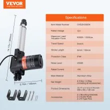 Actuador lineal VEVOR de 12 V, 6 pulgadas, resistente, 1320 lb/6000 N, actuador lineal de movimiento lineal de 0,19"/s con soporte de montaje y protección IP44 para puertas eléctricas, maquinaria industrial, buques de carga