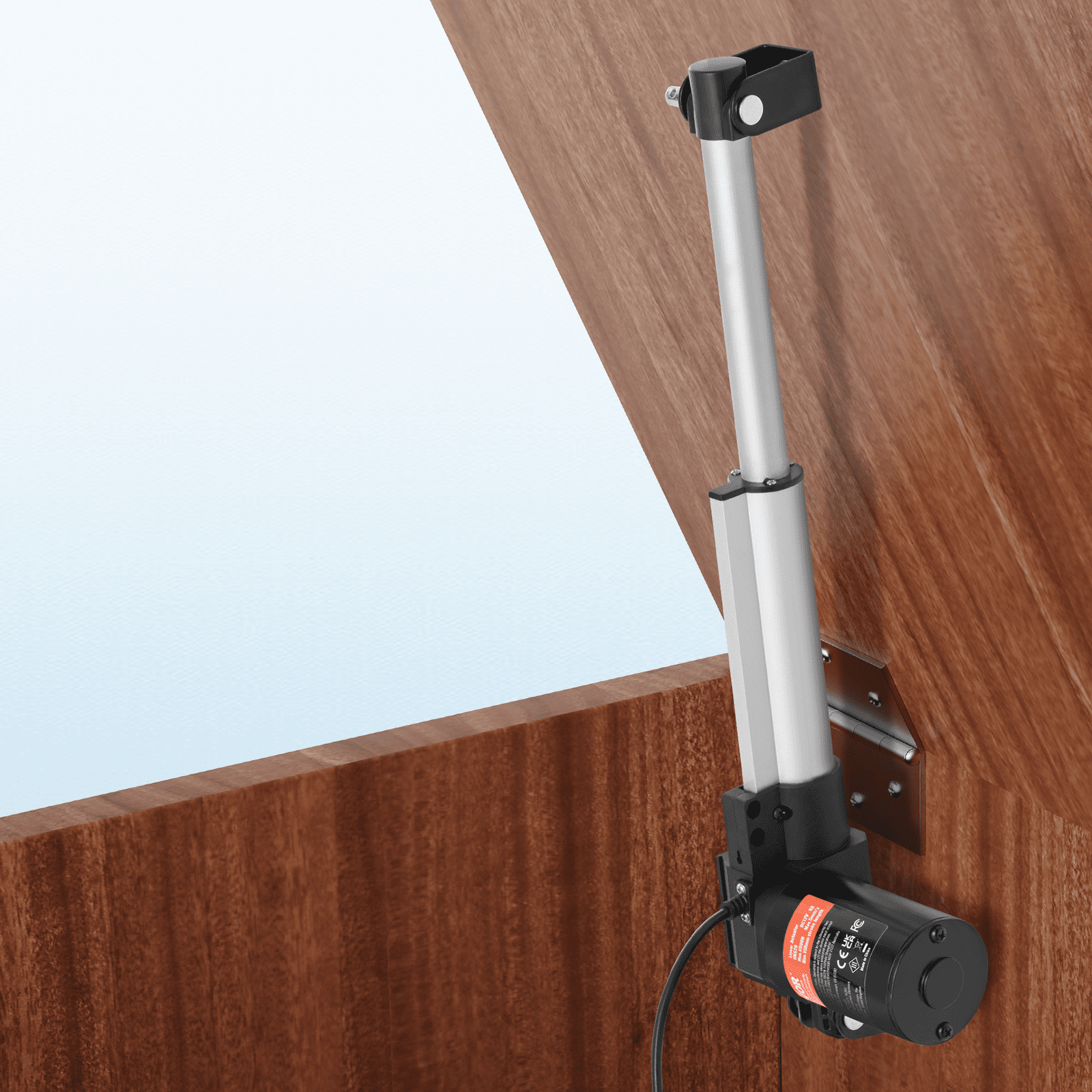 Actuador lineal VEVOR 12v instalado en panel de madera, mostrando el mecanismo y el cableado.