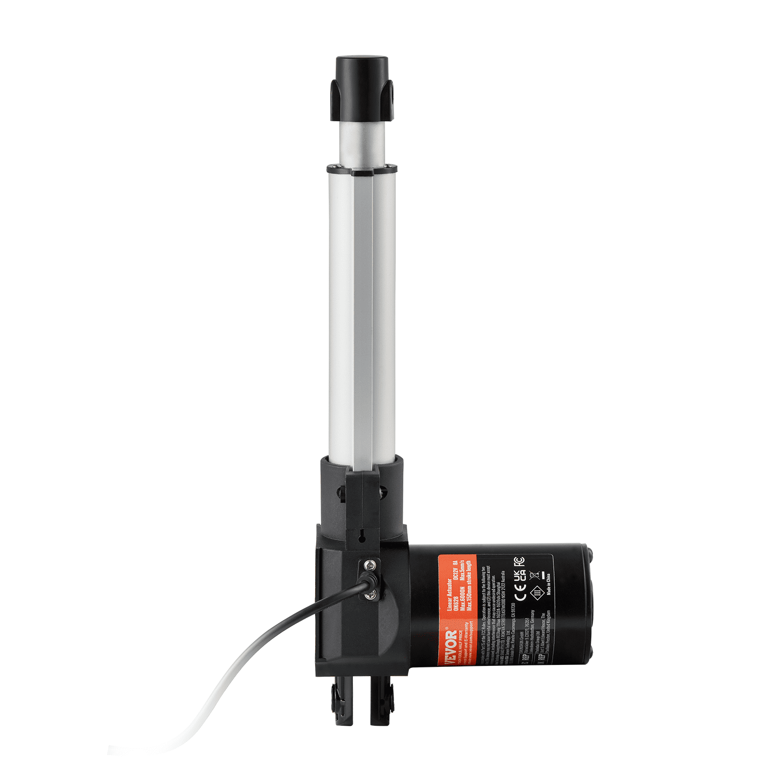 Actuador lineal VEVOR 12v que muestra varilla de metal, carcasa negra y cables de conexión.