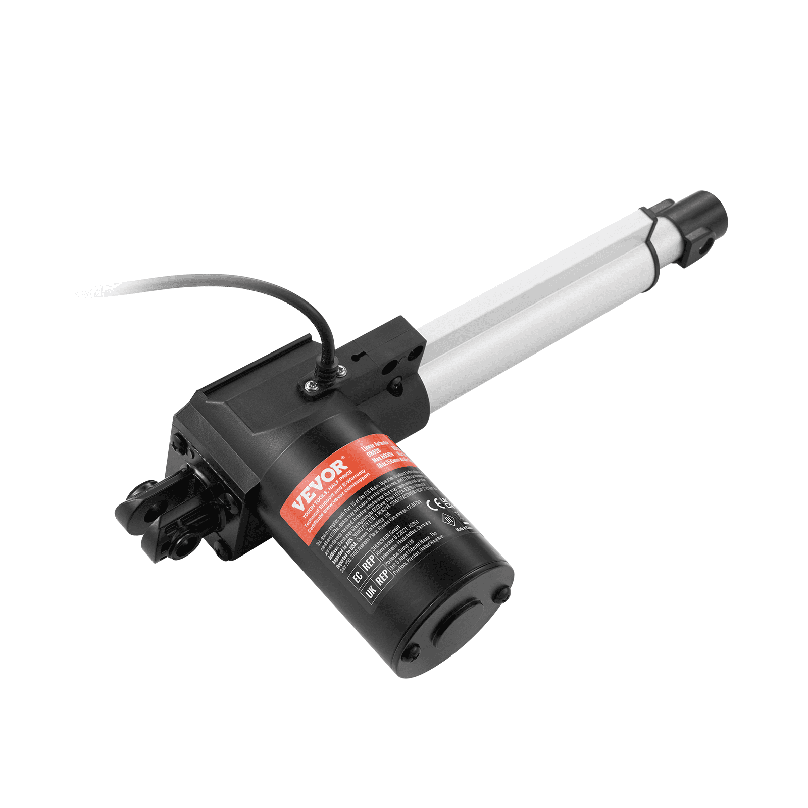 Actuador lineal VEVOR 12v con motor negro y eje telescópico plateado, con conexión por cable.