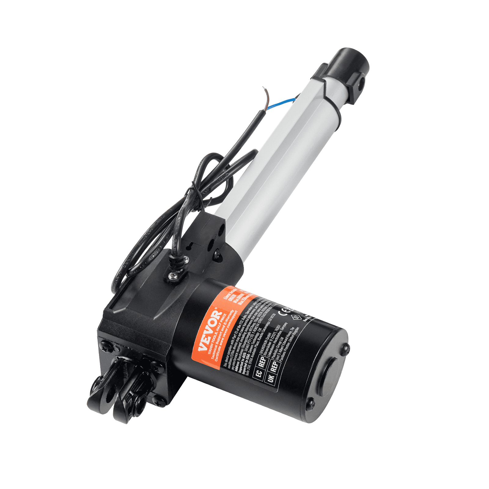 Actuador lineal VEVOR 12v con eje metálico y carcasa de motor negra.