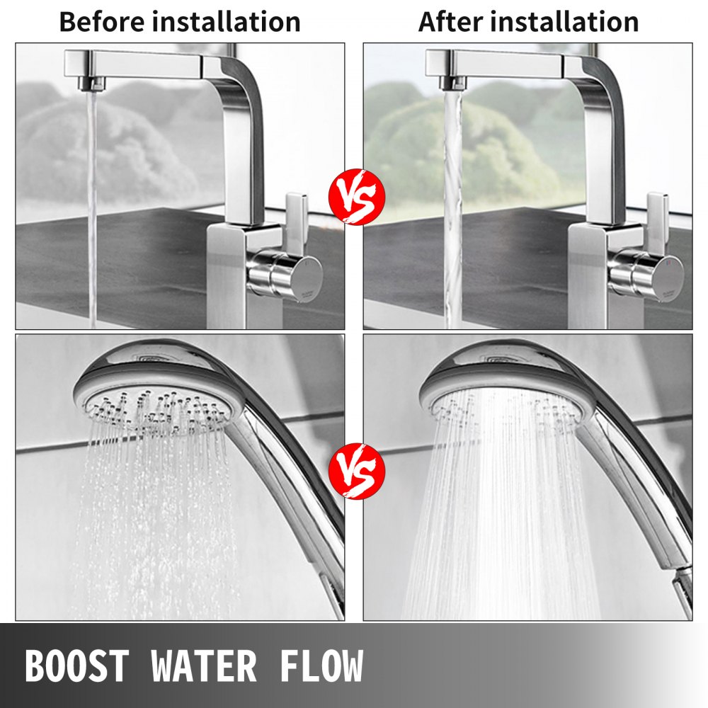 Comparación antes y después de la instalación de la bomba de recirculación VEVOR para grifos y duchas.