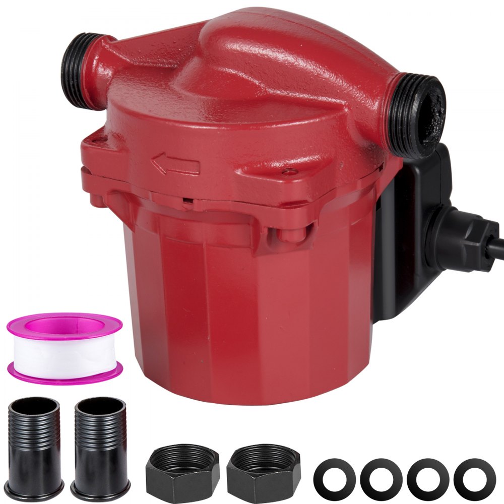 Bomba de recirculación VEVOR roja con accesorios que incluyen cinta, conectores y tuercas.