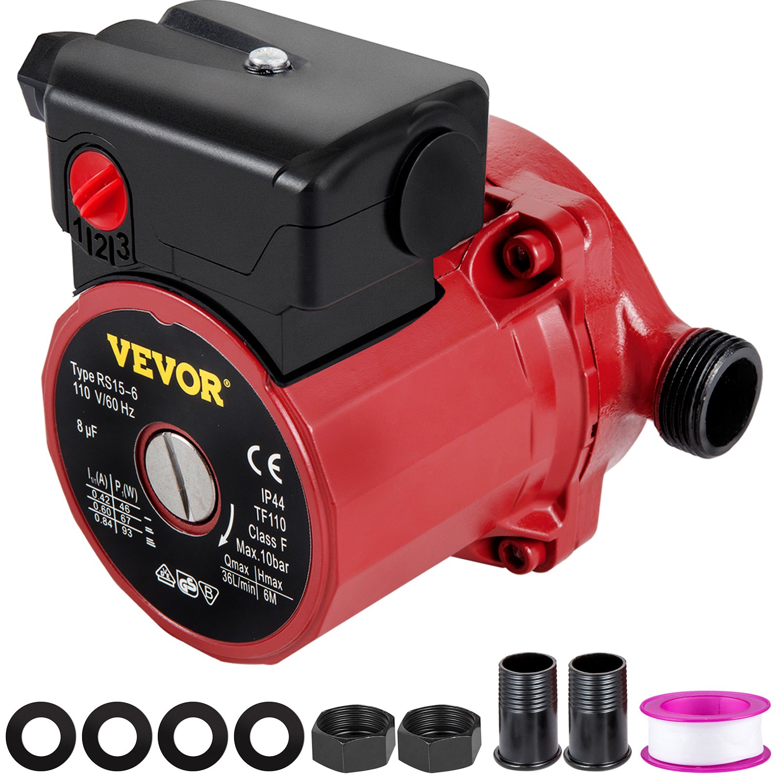 Bomba de recirculación VEVOR con conectores, arandelas, tuercas y cinta en color negro y rojo.