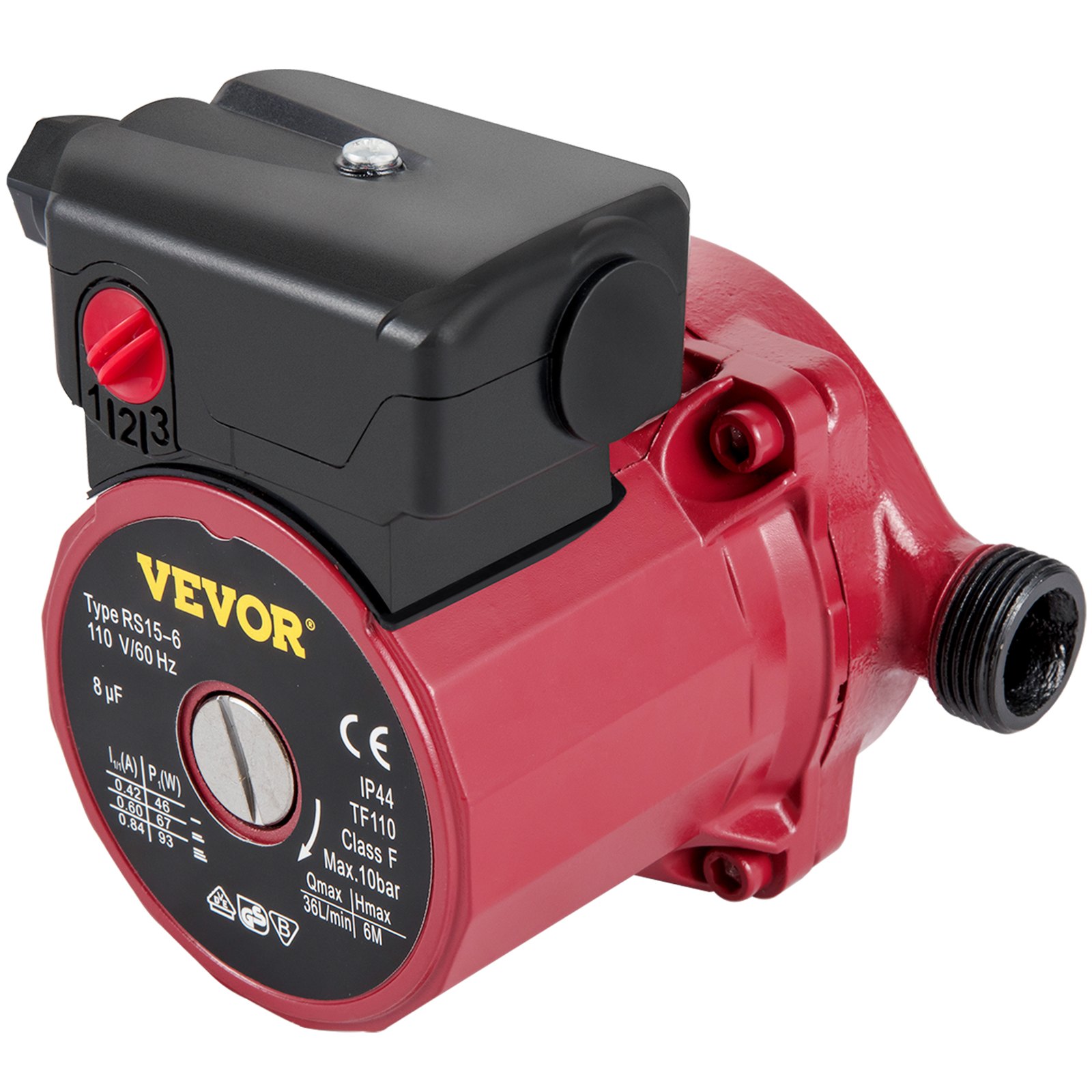 Bomba de recirculación VEVOR roja, modelo rs15-6, con caja de control negra y características etiquetadas.