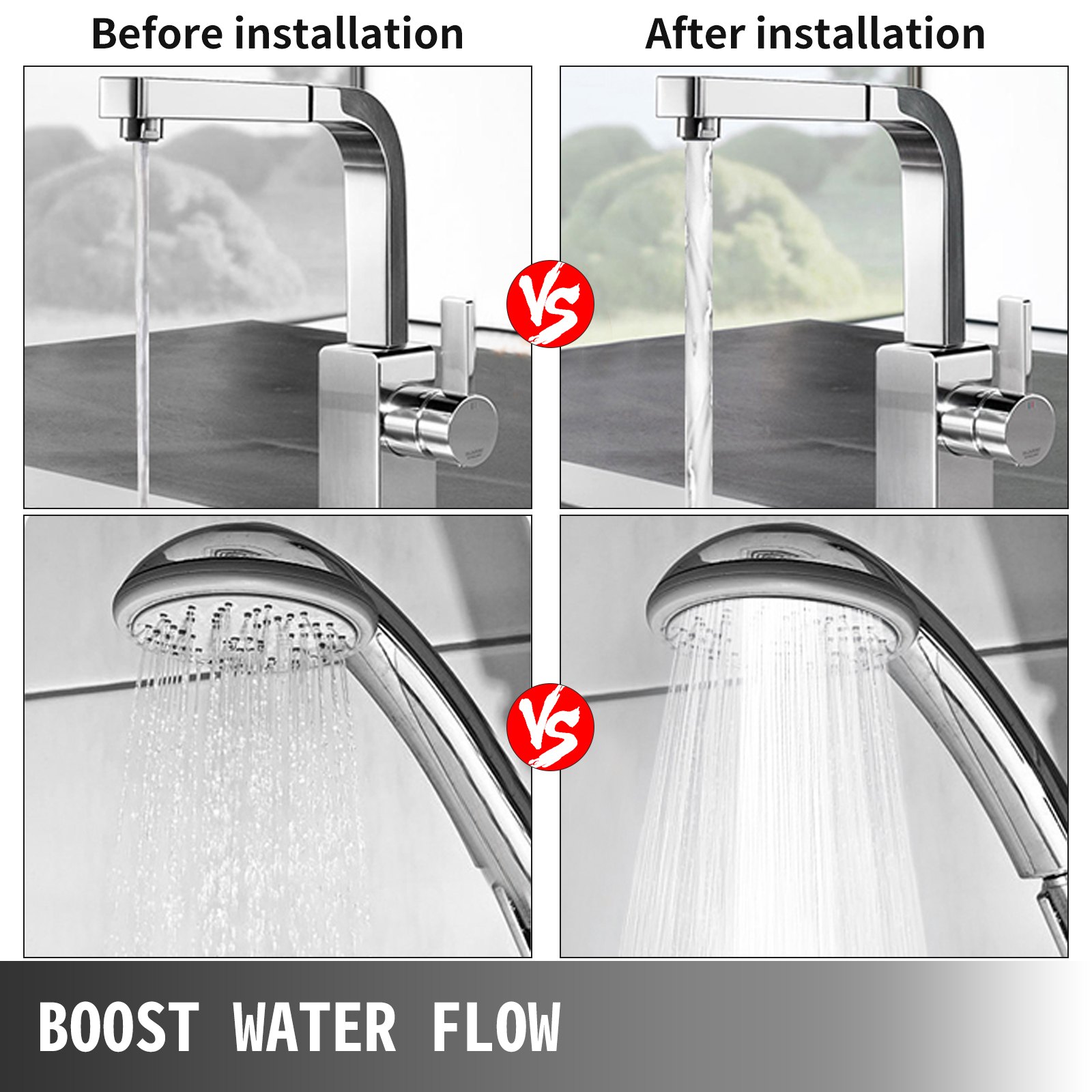 Comparación antes y después de la instalación de la bomba de recirculación VEVOR para grifos y duchas.