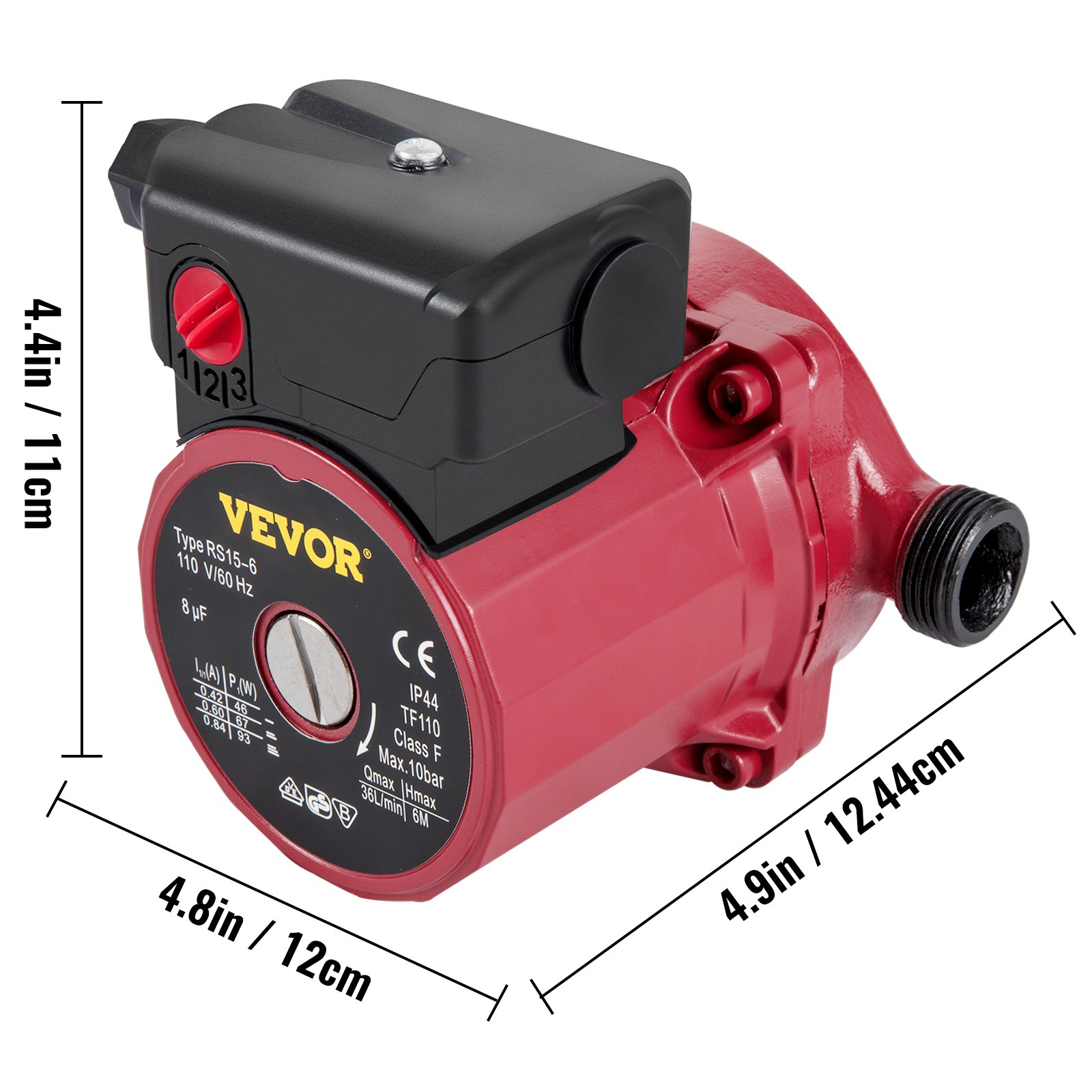 Bomba de recirculación VEVOR, dimensiones 4,8 pulgadas x 4,4 pulgadas x 4,9 pulgadas, roja con detalles en negro.