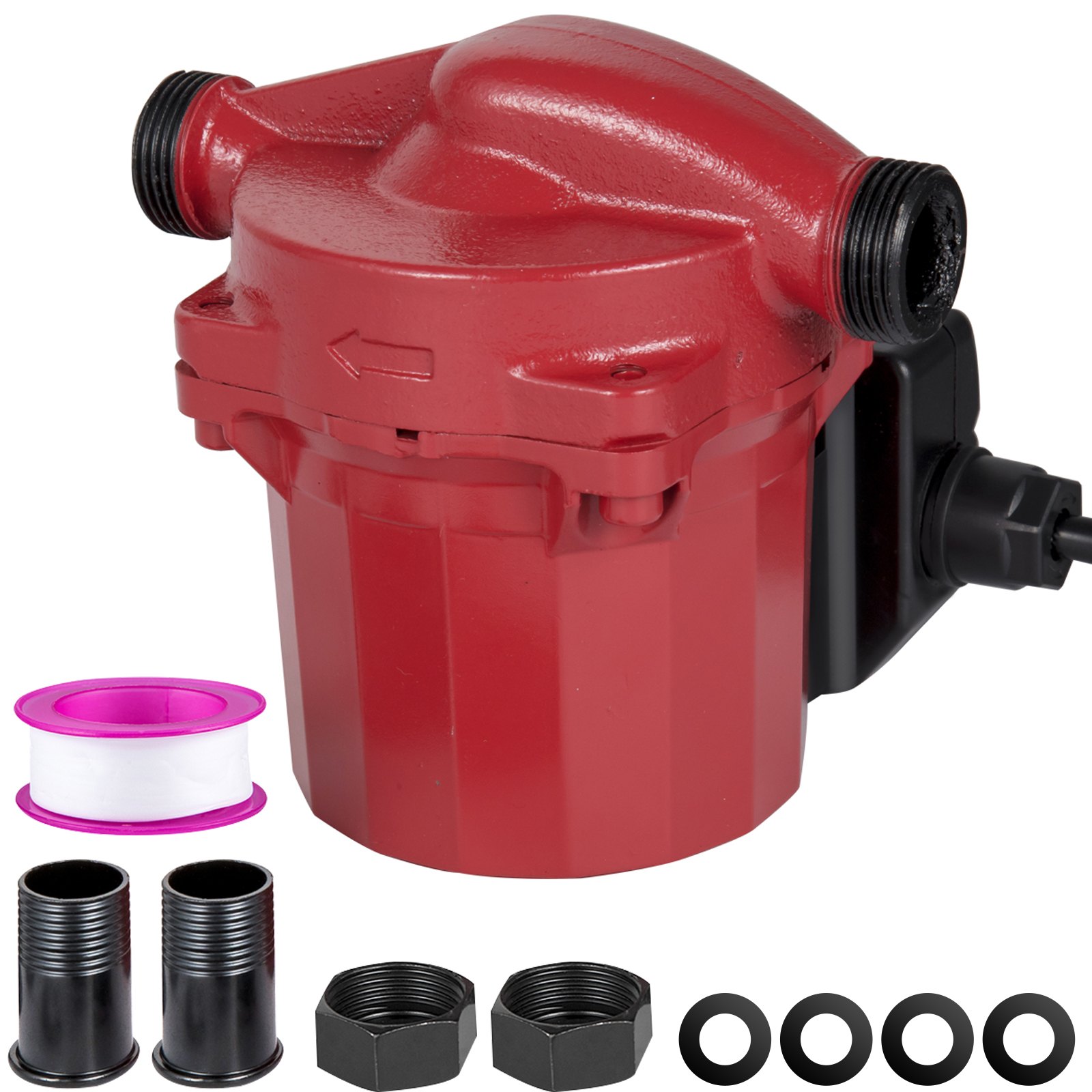 Bomba de recirculación VEVOR roja con accesorios que incluyen cinta, conectores y tuercas.