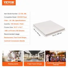 Papel de filtro para freidora VEVOR, 100 hojas, 19,3" x 16,1", hojas de repuesto para filtro de freidora comercial móvil de 18 l/38 l, para restaurantes, tiendas de comida rápida y puestos de comida de carnaval