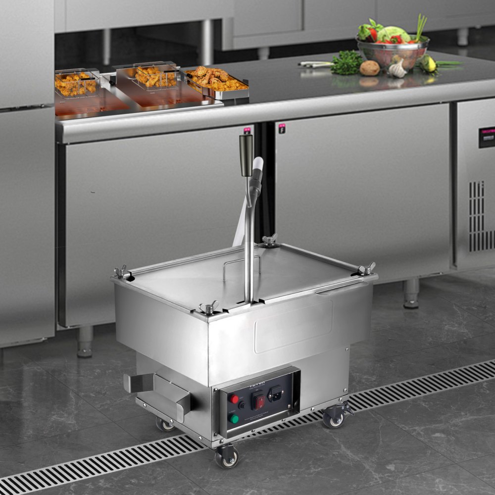 Unidad de filtrado de aceite portátil VEVOR, capacidad de 18 L, velocidad de filtrado de 10 L/min, equipada con ruedas giratorias y manguera de aceite, ideal para establecimientos de comida rápida.