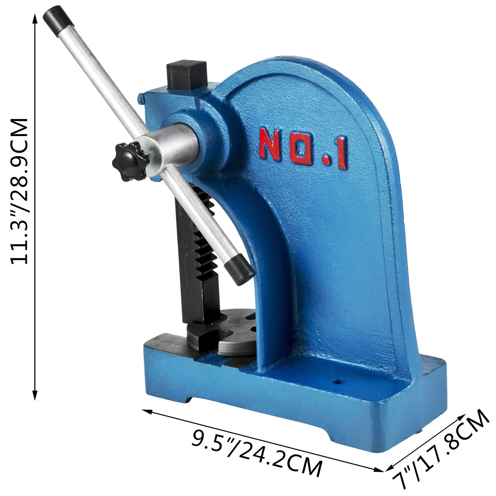 Prensa de husillo VEVOR con dimensiones de 11,3&quot; x 9,5&quot; x 7&quot; en color azul, etiquetada como &quot;n.º 1&quot;.