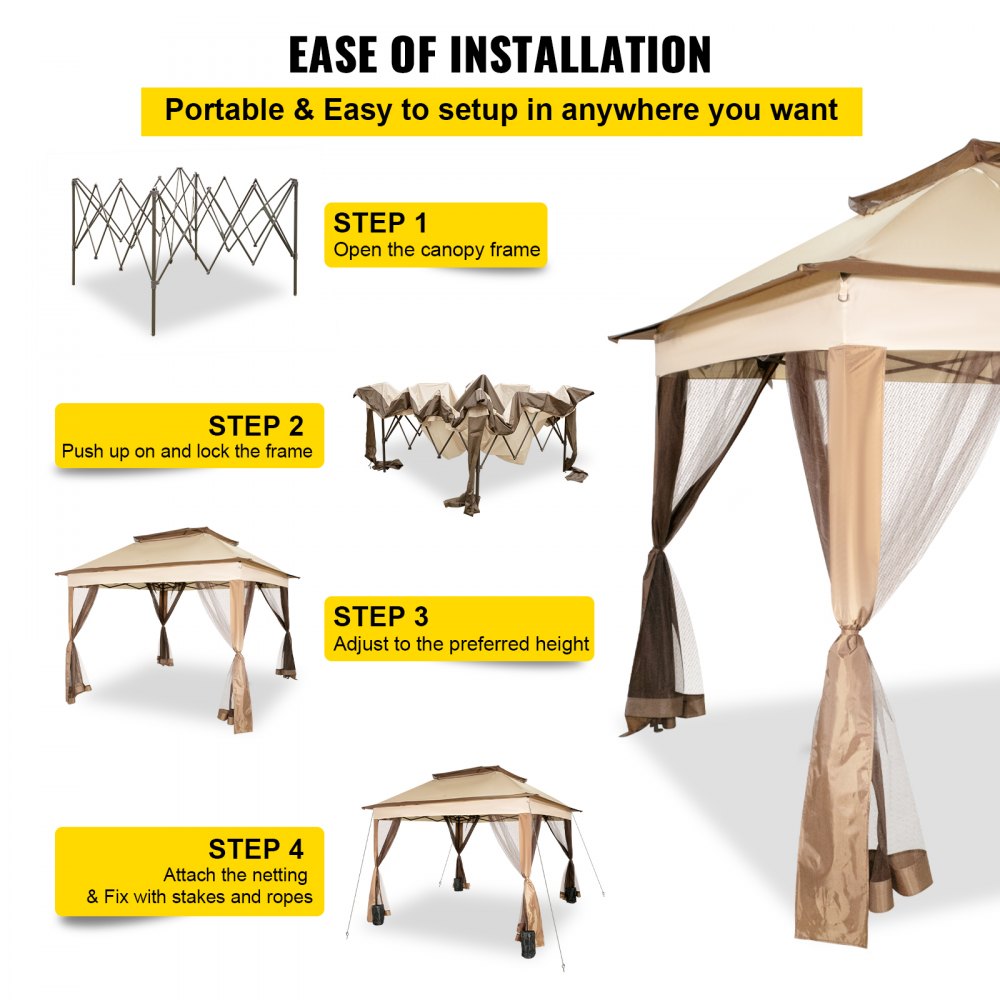 Pasos de instalación de la carpa para exteriores VEVOR con instrucciones de instalación del marco y la red.