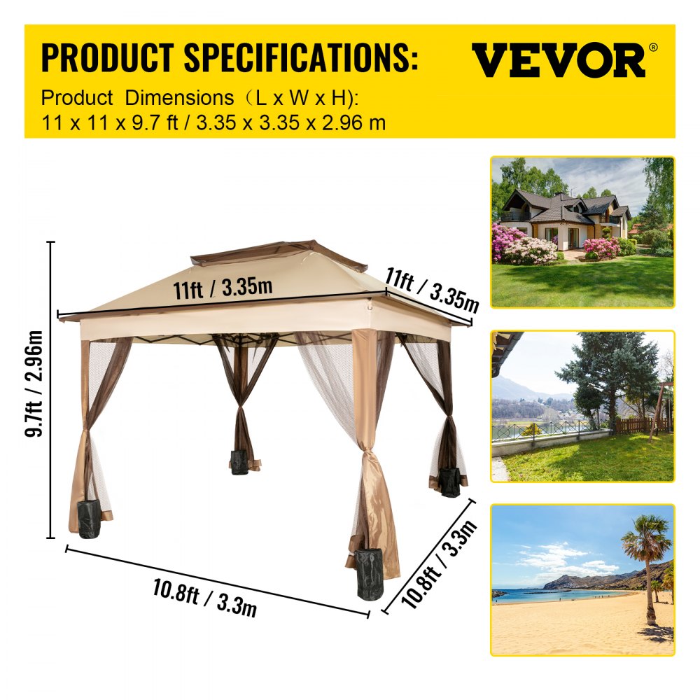 Tienda de campaña para exteriores VEVOR con laterales de malla, dimensiones: 3,3 m x 3,3 m x 3 m.
