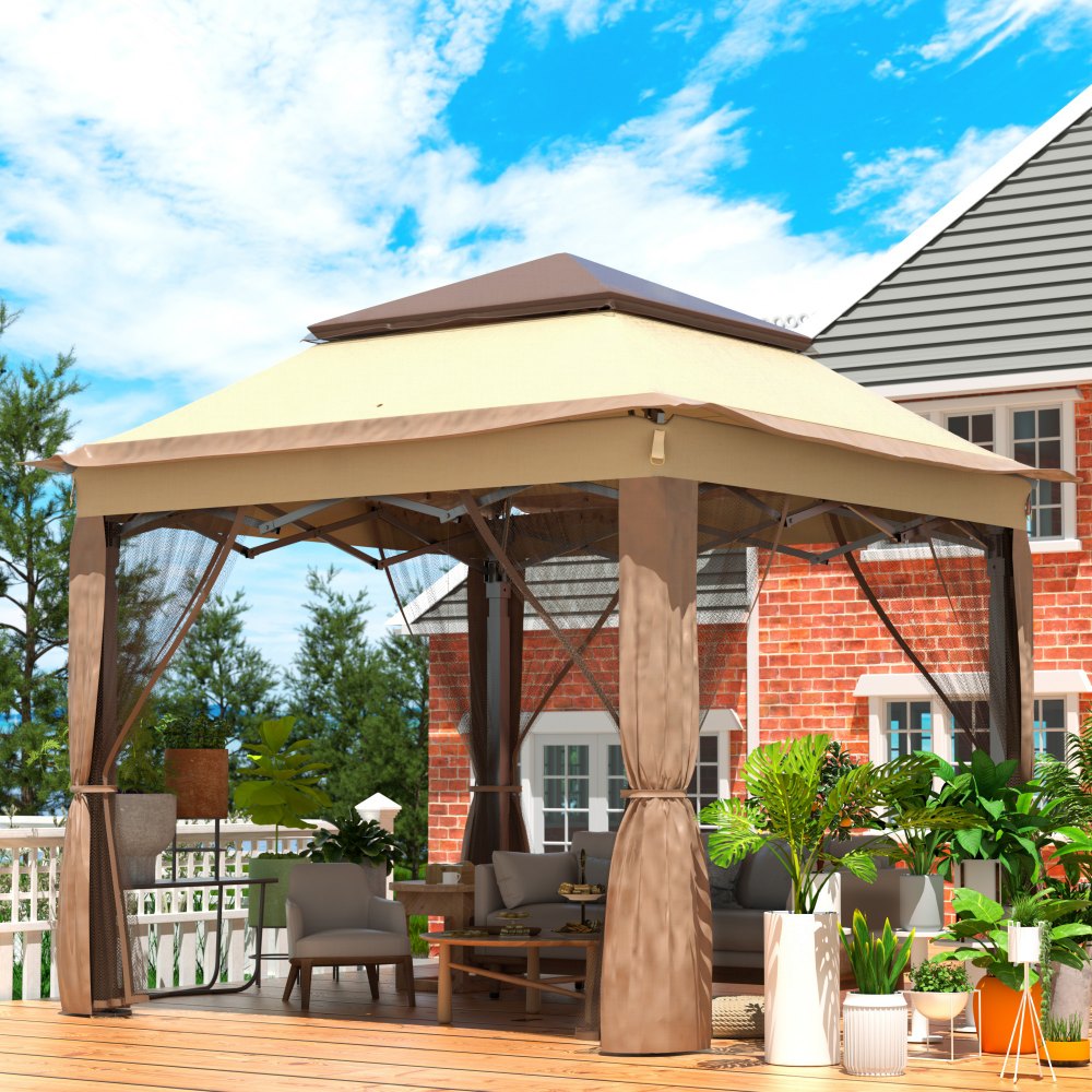 Carpa exterior VEVOR en patio de madera con plantas y muebles de exterior.