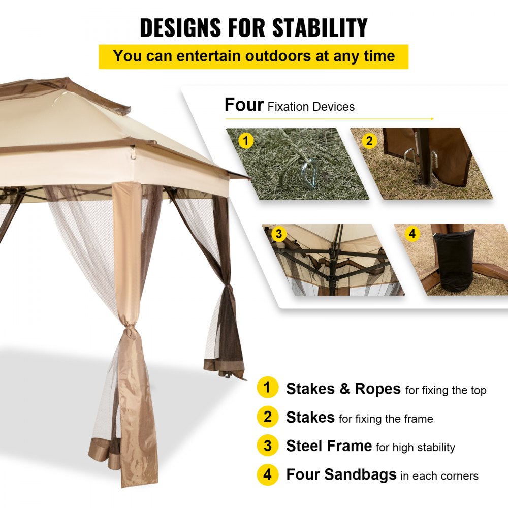 VEVOR Gazebo Pabellón Exterior 3,3 x 3,3 x 2,95 m Cenador de Patio con Mosquitera Carpa Plegable Tela de Nailon y Marco de Acero Cenador con Techo al Aire Libre para Picnics Fiesta Barbacoa Vendedores