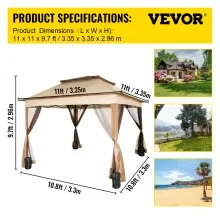 VEVOR Gazebo Pabellón Exterior 3,3 x 3,3 x 2,95 m Cenador de Patio con Mosquitera Carpa Plegable Tela de Nailon y Marco de Acero Cenador con Techo al Aire Libre para Picnics Fiesta Barbacoa Vendedores