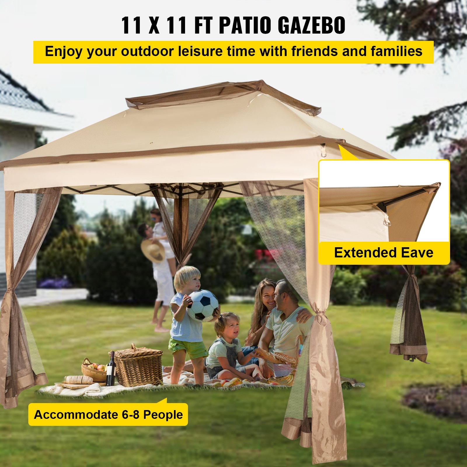 Tienda de campaña para exteriores VEVOR en un entorno de jardín con capacidad para una familia con artículos de picnic.