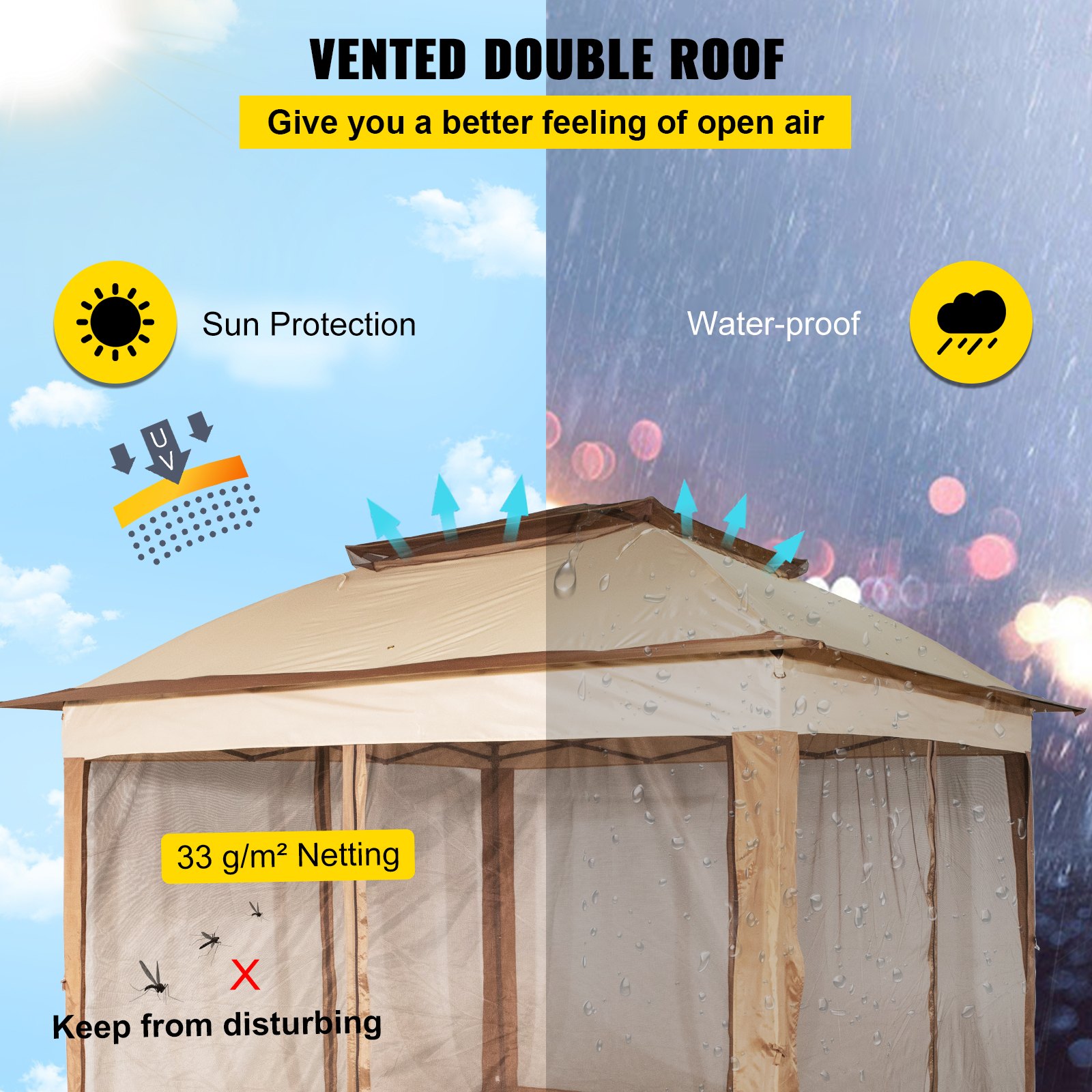 Tienda de campaña para exteriores VEVOR con techo doble ventilado, protección solar y características a prueba de agua.