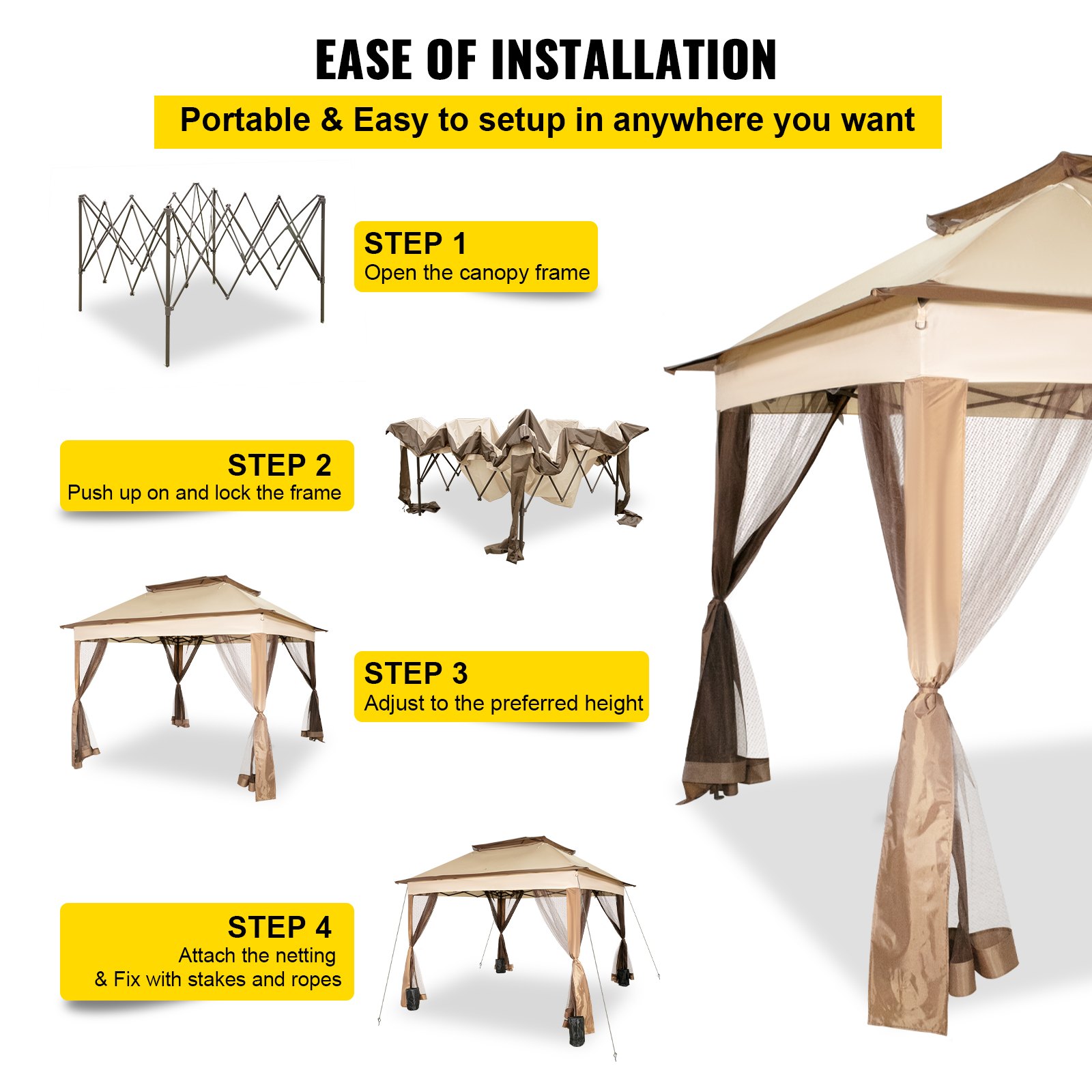 Pasos de instalación de la carpa para exteriores VEVOR con instrucciones de instalación del marco y la red.