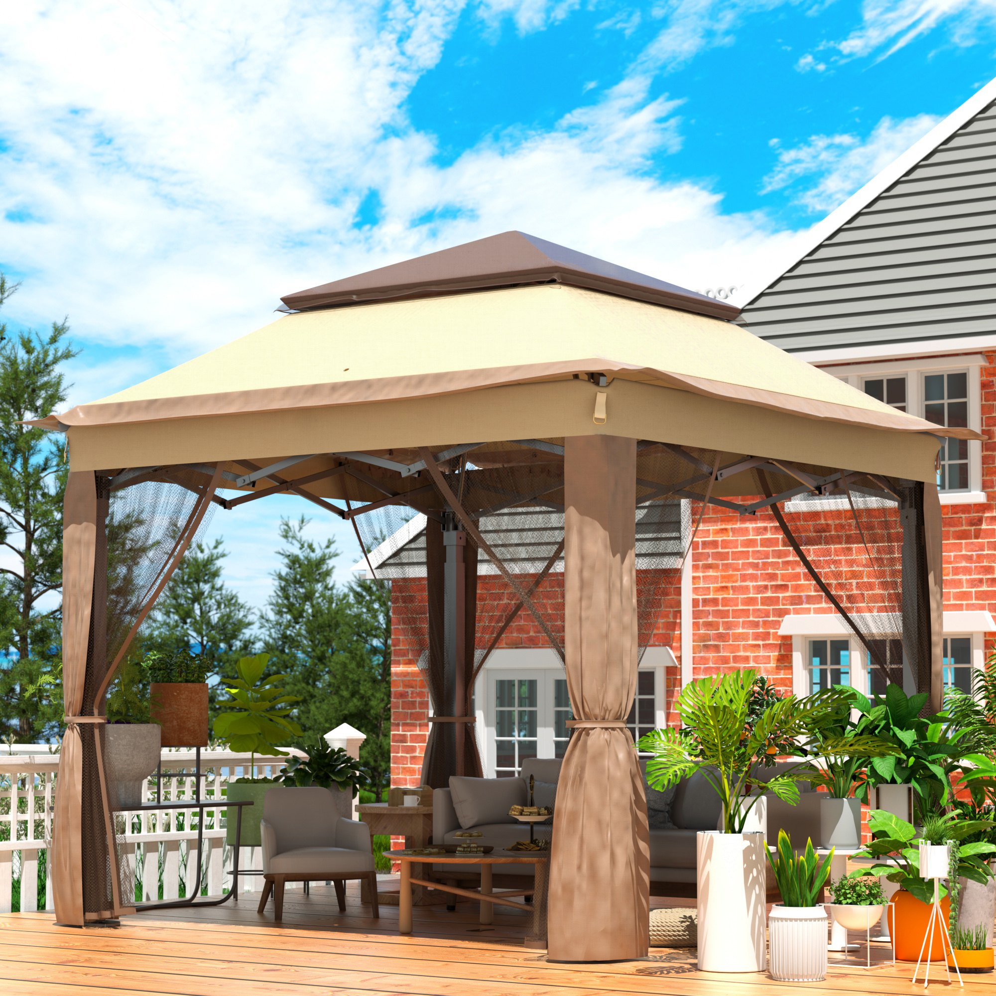 Carpa exterior VEVOR en patio de madera con plantas y muebles de exterior.