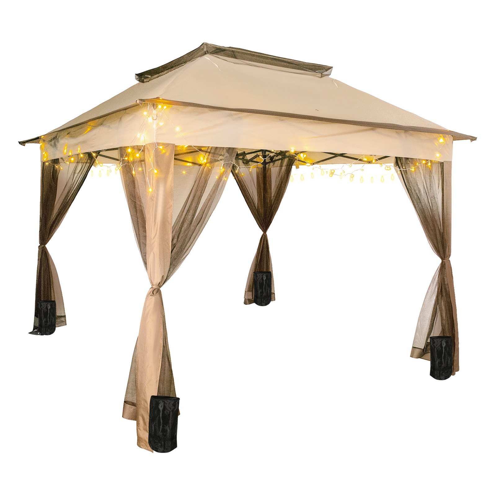Tienda de campaña para exteriores VEVOR con luces de cadena y cortinas de malla marrón.