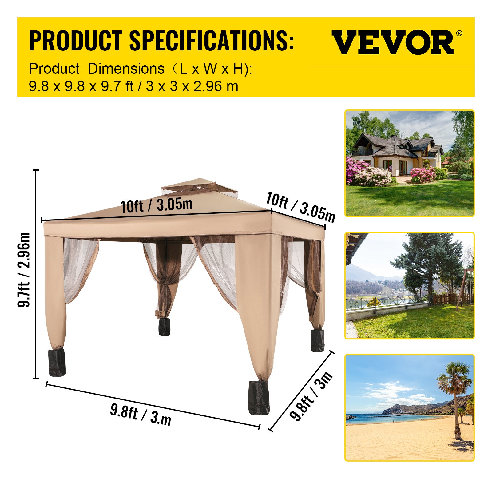 Tienda de campaña para exteriores VEVOR con dimensiones de 3 x 3 x 3 metros, mostrada con fondos escénicos.